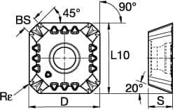 Kennametal - SEPT443 GB2 Grade KCK15 Carbide Milling Insert - TiN/TiCN/Al2O3 Finish, 3/16" Thick, 14mm Inscribed Circle, 1mm Corner Radius - Eagle Tool & Supply