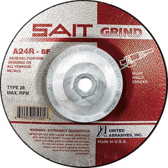 Sait - 24 Grit, 7" Wheel Diam, 1/4" Wheel Thickness, Type 28 Depressed Center Wheel - Aluminum Oxide, Resinoid Bond, R Hardness, 8,500 Max RPM, Compatible with Angle Grinder - Eagle Tool & Supply