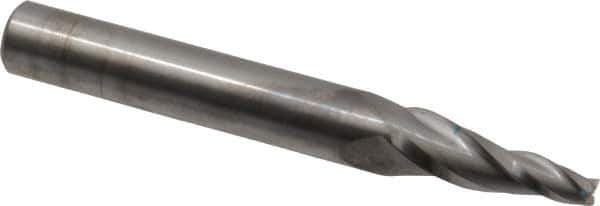 SGS - 7° Taper Angle per Side, 3/16" Small End Diam, 1-1/4" LOC, Solid Carbide 3 Flute Tapered Square End Mill - 4" OAL, 1/2" Shank Diam, Spiral Flute, 28° Helix - Eagle Tool & Supply