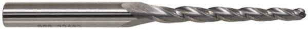 SGS - 7° Taper Angle per Side, 1/8" Small End Diam, 1" LOC, Solid Carbide 3 Flute Tapered Ball End Mill - 3-1/2" OAL, 3/8" Shank Diam, Spiral Flute, 28° Helix - Eagle Tool & Supply