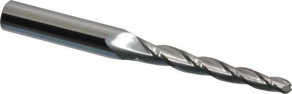 SGS - 1.5° Taper Angle per Side, 3/16" Small End Diam, 1-3/4" LOC, Solid Carbide 3 Flute Tapered Ball End Mill - 3-1/2" OAL, 3/8" Shank Diam, Spiral Flute, 28° Helix - Eagle Tool & Supply