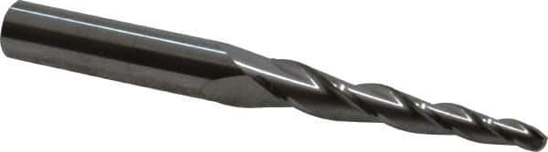 SGS - 3° Taper Angle per Side, 5/32" Small End Diam, 1-3/4" LOC, Solid Carbide 3 Flute Tapered Ball End Mill - 3-1/2" OAL, 3/8" Shank Diam, Spiral Flute, 28° Helix - Eagle Tool & Supply