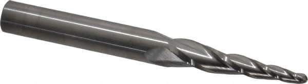 SGS - 5° Taper Angle per Side, 1/8" Small End Diam, 1-1/2" LOC, Solid Carbide 3 Flute Tapered Ball End Mill - 3-1/2" OAL, 3/8" Shank Diam, Spiral Flute, 28° Helix - Eagle Tool & Supply