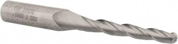 SGS - 1° Taper Angle per Side, 1/4" Small End Diam, 2" LOC, Solid Carbide 3 Flute Tapered Ball End Mill - 4" OAL, 1/2" Shank Diam, Spiral Flute, 28° Helix - Eagle Tool & Supply