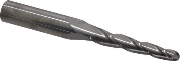 SGS - 2° Taper Angle per Side, 1/4" Small End Diam, 2" LOC, Solid Carbide 3 Flute Tapered Ball End Mill - 4" OAL, 1/2" Shank Diam, Spiral Flute, 28° Helix - Eagle Tool & Supply