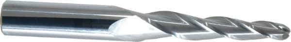 SGS - 3° Taper Angle per Side, 1/4" Small End Diam, 2" LOC, Solid Carbide 3 Flute Tapered Ball End Mill - 4" OAL, 1/2" Shank Diam, Spiral Flute, 28° Helix - Eagle Tool & Supply