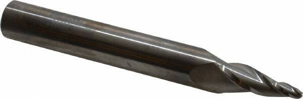 SGS - 10° Taper Angle per Side, 1/8" Small End Diam, 1" LOC, Solid Carbide 3 Flute Tapered Ball End Mill - 4" OAL, 1/2" Shank Diam, Spiral Flute, 28° Helix - Eagle Tool & Supply