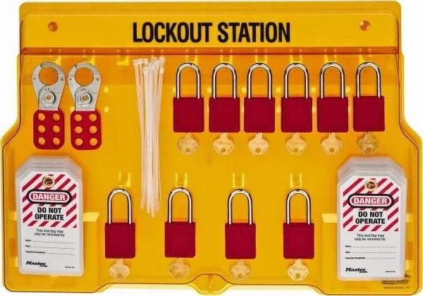 Master Lock - 14 Piece, Equipped Polycarbonate Padlock Station - 22 Inch Wide x 15-1/2 Inch High x 1-3/4 Inch Deep, Black on Yellow, Covered - Eagle Tool & Supply