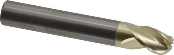Accupro - 3/8" Diam, 1/2" LOC, 3 Flute Solid Carbide Ball End Mill - ZrN Finish, Single End, 2-1/2" OAL, 3/8" Shank Diam, Spiral Flute - Eagle Tool & Supply