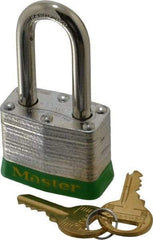 Master Lock - Keyed Different Retaining Key Conductive Lockout Padlock - 1-1/2" Shackle Clearance, 9/32" Shackle Diam, 1-1/4" Body Height x 1-9/16" Body Width, Green, 4 Pins - Eagle Tool & Supply