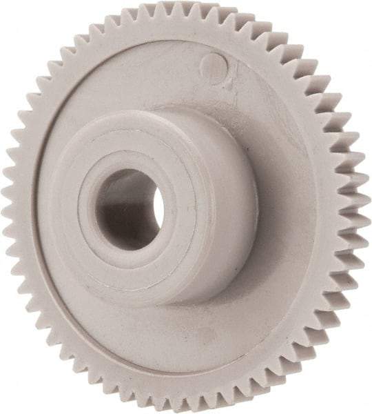 Made in USA - 48 Pitch, 1-1/4" Pitch Diam, 1.292" OD, 60 Tooth Spur Gear - 1/8" Face Width, 1/4" Bore Diam, 39/64" Hub Diam, 20° Pressure Angle, Acetal - Eagle Tool & Supply