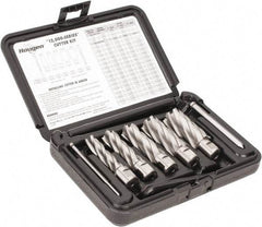 Hougen - 8 Piece, 9/16 to 1-1/16" Cutter Diam, 2" Cutting Depth, High Speed Steel Annular Cutter Set - Bright Finish, 3/4" Shank Diam, 9/16, 11/16, 13/16, 15/16, 1-1/16" Cutter Diams, 2 Flats on Shank - Eagle Tool & Supply