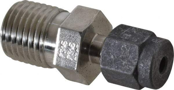 Parker - 1/8" OD, Stainless Steel Male Connector - 9/16" Hex, Comp x MNPT Ends - Eagle Tool & Supply