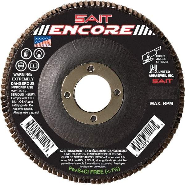 Sait - 80 Grit, 5" Disc Diam, 7/8" Center Hole, Type 27 Zirconia Alumina Flap Disc - 12,200 Max RPM, Fiberglass Backing, Arbor Attaching System, Coated - Eagle Tool & Supply