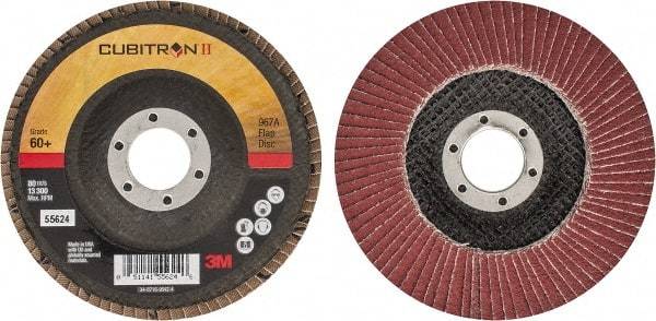3M - 60 Grit, 4-1/2" Disc Diam, 7/8" Center Hole, Type 29 Ceramic Flap Disc - 13,300 Max RPM, Cloth Backing, Arbor Attaching System, Coated - Eagle Tool & Supply