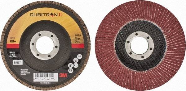 3M - 80 Grit, 4-1/2" Disc Diam, 7/8" Center Hole, Type 27 Ceramic Flap Disc - 13,300 Max RPM, Cloth Backing, Arbor Attaching System, Coated - Eagle Tool & Supply
