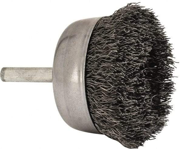 Made in USA - 2-1/4" Diam, 1/4" Shank Crimped Wire Steel Cup Brush - 0.0104" Filament Diam, 5/8" Trim Length, 13,000 Max RPM - Eagle Tool & Supply