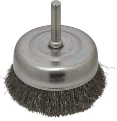 Made in USA - 2-3/4" Diam, 1/4" Shank Crimped Wire Steel Cup Brush - 0.008" Filament Diam, 7/8" Trim Length, 13,000 Max RPM - Eagle Tool & Supply