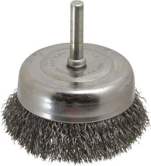 Made in USA - 2-3/4" Diam, 1/4" Shank Crimped Wire Steel Cup Brush - 0.0118" Filament Diam, 7/8" Trim Length, 13,000 Max RPM - Eagle Tool & Supply