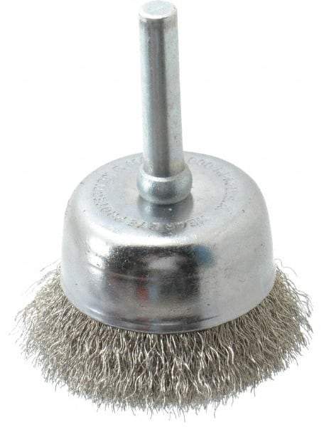 Made in USA - 1-3/4" Diam, 1/4" Shank Crimped Wire Stainless Steel Cup Brush - 0.006" Filament Diam, 3/4" Trim Length, 13,000 Max RPM - Eagle Tool & Supply