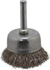 Made in USA - 1-3/4" Diam, 1/4" Shank Crimped Wire Stainless Steel Cup Brush - 0.0104" Filament Diam, 3/4" Trim Length, 13,000 Max RPM - Eagle Tool & Supply