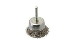 Made in USA - 1-3/4" Diam, 1/4" Shank Crimped Wire Stainless Steel Cup Brush - 0.014" Filament Diam, 3/4" Trim Length, 13,000 Max RPM - Eagle Tool & Supply