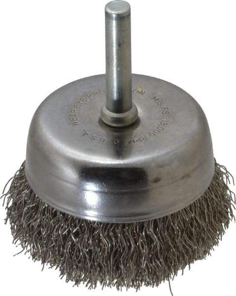 Made in USA - 2-1/4" Diam, 1/4" Shank Crimped Wire Stainless Steel Cup Brush - 0.0118" Filament Diam, 5/8" Trim Length, 13,000 Max RPM - Eagle Tool & Supply