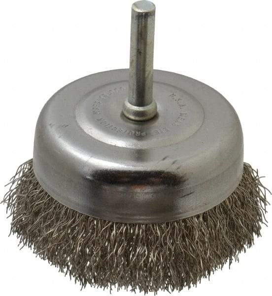 Made in USA - 2-3/4" Diam, 1/4" Shank Crimped Wire Stainless Steel Cup Brush - 0.0118" Filament Diam, 7/8" Trim Length, 13,000 Max RPM - Eagle Tool & Supply