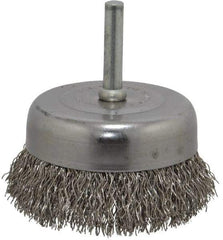 Made in USA - 2-3/4" Diam, 1/4" Shank Crimped Wire Stainless Steel Cup Brush - 0.014" Filament Diam, 7/8" Trim Length, 13,000 Max RPM - Eagle Tool & Supply