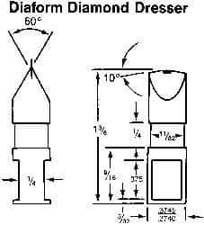 Made in USA - 0.015" Radius Single Point Diaform Diamond Dresser - 1-3/8" Long x 1/4" Shank Diam, 60° Included Angle - Eagle Tool & Supply