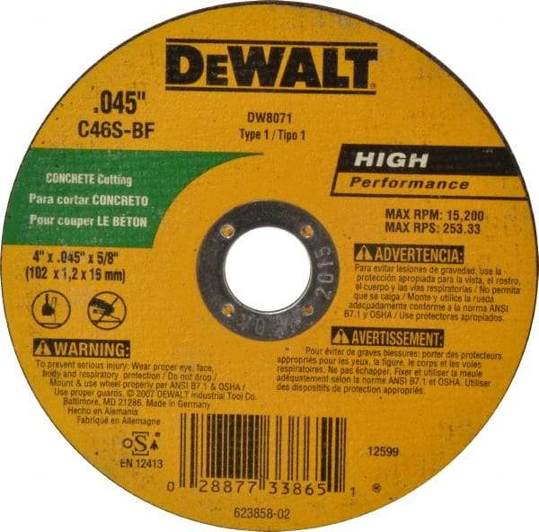 DeWALT - 4" 46 Grit Silicon Carbide Cutoff Wheel - 0.045" Thick, 5/8" Arbor, 15,200 Max RPM, Use with Circular Saws - Eagle Tool & Supply