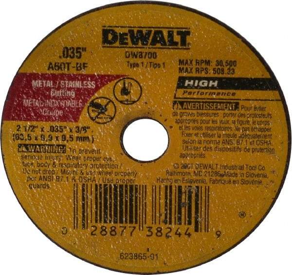 DeWALT - 2-1/2" 60 Grit Aluminum Oxide Cutoff Wheel - 0.035" Thick, 3/8" Arbor, 30,500 Max RPM, Use with Circular Saws - Eagle Tool & Supply