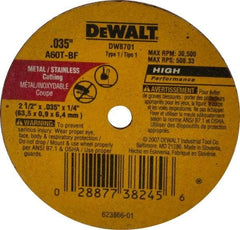 DeWALT - 2-1/2" 60 Grit Aluminum Oxide Cutoff Wheel - 0.035" Thick, 1/4" Arbor, 30,500 Max RPM, Use with Circular Saws - Eagle Tool & Supply