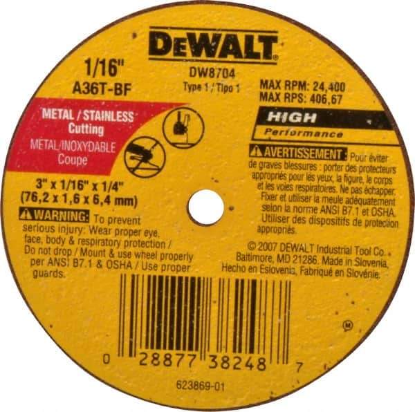 DeWALT - 3" 36 Grit Aluminum Oxide Cutoff Wheel - 1/16" Thick, 1/4" Arbor, 24,400 Max RPM, Use with Circular Saws - Eagle Tool & Supply