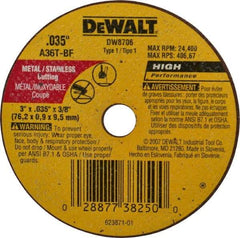 DeWALT - 3" 36 Grit Aluminum Oxide Cutoff Wheel - 0.035" Thick, 3/8" Arbor, 24,400 Max RPM, Use with Circular Saws - Eagle Tool & Supply