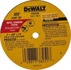 DeWALT - 3" 36 Grit Aluminum Oxide Cutoff Wheel - 0.035" Thick, 1/4" Arbor, 24,400 Max RPM, Use with Circular Saws - Eagle Tool & Supply