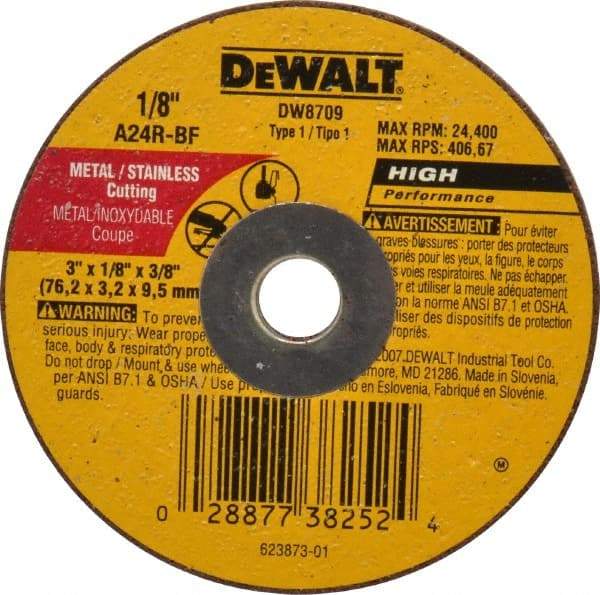 DeWALT - 3" 24 Grit Aluminum Oxide Cutoff Wheel - 1/8" Thick, 3/8" Arbor, 24,400 Max RPM, Use with Circular Saws - Eagle Tool & Supply