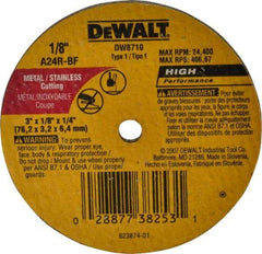 DeWALT - 3" 24 Grit Aluminum Oxide Cutoff Wheel - 1/8" Thick, 1/4" Arbor, 24,400 Max RPM, Use with Circular Saws - Eagle Tool & Supply