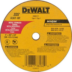 DeWALT - 4" 36 Grit Aluminum Oxide Cutoff Wheel - 0.035" Thick, 3/8" Arbor, 19,000 Max RPM, Use with Circular Saws - Eagle Tool & Supply