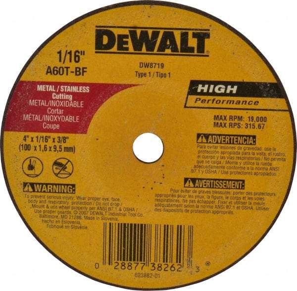 DeWALT - 4" 60 Grit Aluminum Oxide Cutoff Wheel - 1/16" Thick, 3/8" Arbor, 19,000 Max RPM, Use with Circular Saws - Eagle Tool & Supply