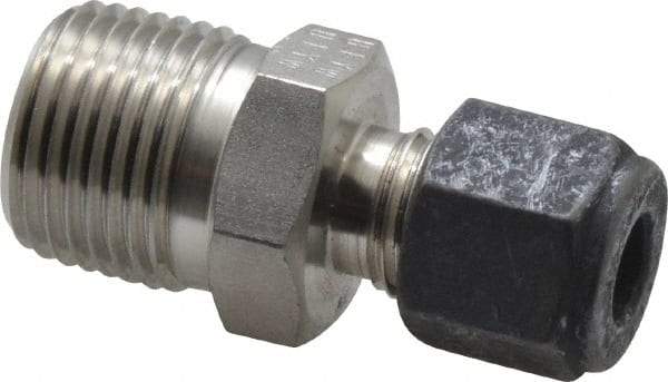 Parker - 1/4" OD, Stainless Steel Male Connector - 11/16" Hex, Comp x MNPT Ends - Eagle Tool & Supply