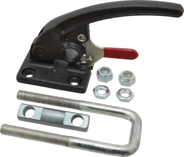 De-Sta-Co - 7,500 Lb Capacity, Horizontal, U Hook, Flanged Base, Carbon Steel Pull Action Latch Clamp - 2.19" Drawing Movement, 9.65" OAL, Threaded U Hook, Straight Handle - Eagle Tool & Supply