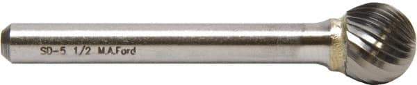 M.A. Ford - 1/8" Cut Diam, 1/4" Shank Diam, Ball Head Double Cut Burr - Carbide, Radius End, 7/64" LOC, 2" OAL - Eagle Tool & Supply