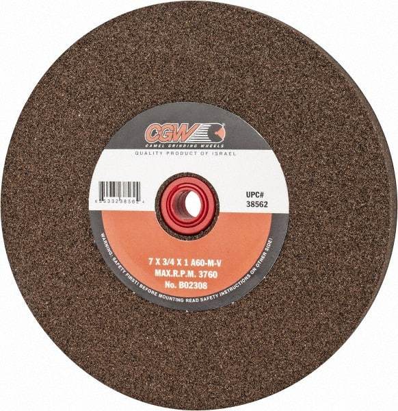 Camel Grinding Wheels - 60 Grit Aluminum Oxide Bench & Pedestal Grinding Wheel - 7" Diam x 1" Hole x 3/4" Thick, 3760 Max RPM, M Hardness, Medium Grade , Vitrified Bond - Eagle Tool & Supply