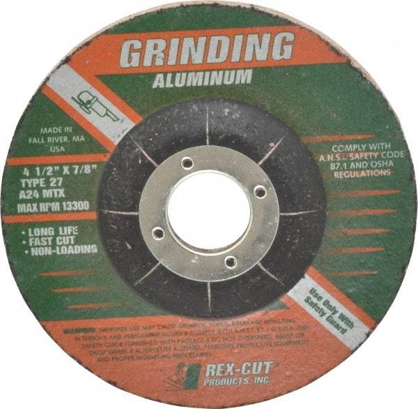 Rex Cut Product - 24 Grit, 4-1/2" Wheel Diam, 1/4" Wheel Thickness, 7/8" Arbor Hole, Type 27 Depressed Center Wheel - Aluminum Oxide, Resinoid Bond, 13,300 Max RPM, Compatible with Angle Grinder - Eagle Tool & Supply