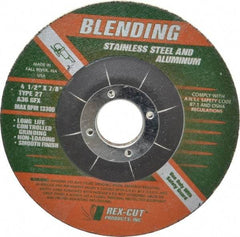 Rex Cut Product - 36 Grit, 4-1/2" Wheel Diam, 1/4" Wheel Thickness, 7/8" Arbor Hole, Type 27 Depressed Center Wheel - Aluminum Oxide, Rubber Bond, 13,300 Max RPM, Compatible with Angle Grinder - Eagle Tool & Supply
