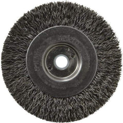 Weiler - 4" OD, 1/2" Arbor Hole, Crimped Steel Wheel Brush - 1/2" Face Width, 7/8" Trim Length, 0.014" Filament Diam, 12,500 RPM - Eagle Tool & Supply