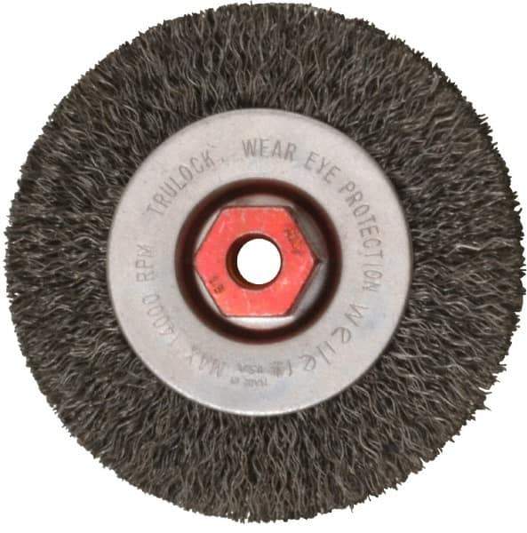 Weiler - 4" OD, M10x1.50 Arbor Hole, Crimped Steel Wheel Brush - 1/2" Face Width, 7/8" Trim Length, 0.014" Filament Diam, 14,000 RPM - Eagle Tool & Supply