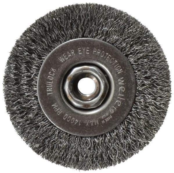 Weiler - 4" OD, 1/2-13 Arbor Hole, Crimped Steel Wheel Brush - 1/2" Face Width, 7/8" Trim Length, 0.014" Filament Diam, 14,000 RPM - Eagle Tool & Supply
