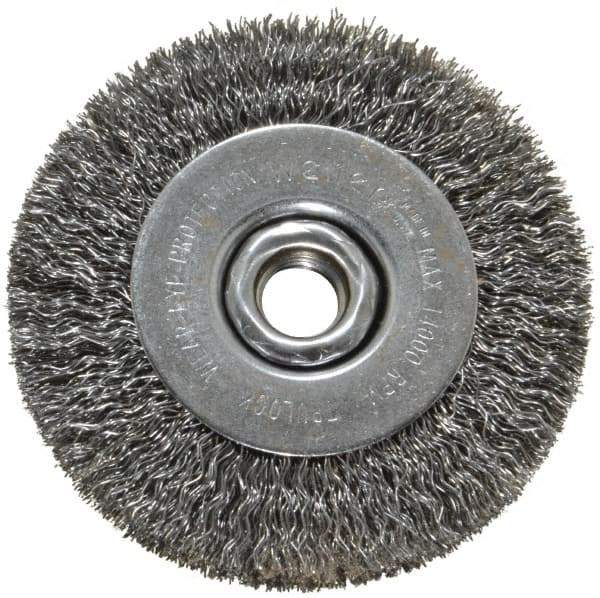 Weiler - 4" OD, 5/8-11 Arbor Hole, Crimped Steel Wheel Brush - 1/2" Face Width, 7/8" Trim Length, 0.014" Filament Diam, 14,000 RPM - Eagle Tool & Supply
